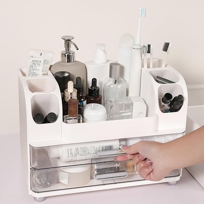 Makeup Organizer, Desk Organizer with 2 Large Drawers, Cosmetics Storage Box for nail polish,Lipstick, Brushes, Jewelry, Skincare, Bathroom Organization Boxes