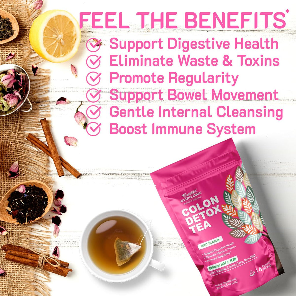 EVERLONG Colon Detox Tea - Dandelion Leaf with Senna, Gynostemma, Lotus Leaf, Spearmint for Colon Cleanse and Digestive Health, Promote Regularity - 14 Herbal Tea Bags, All Natural, Caffeine-Free