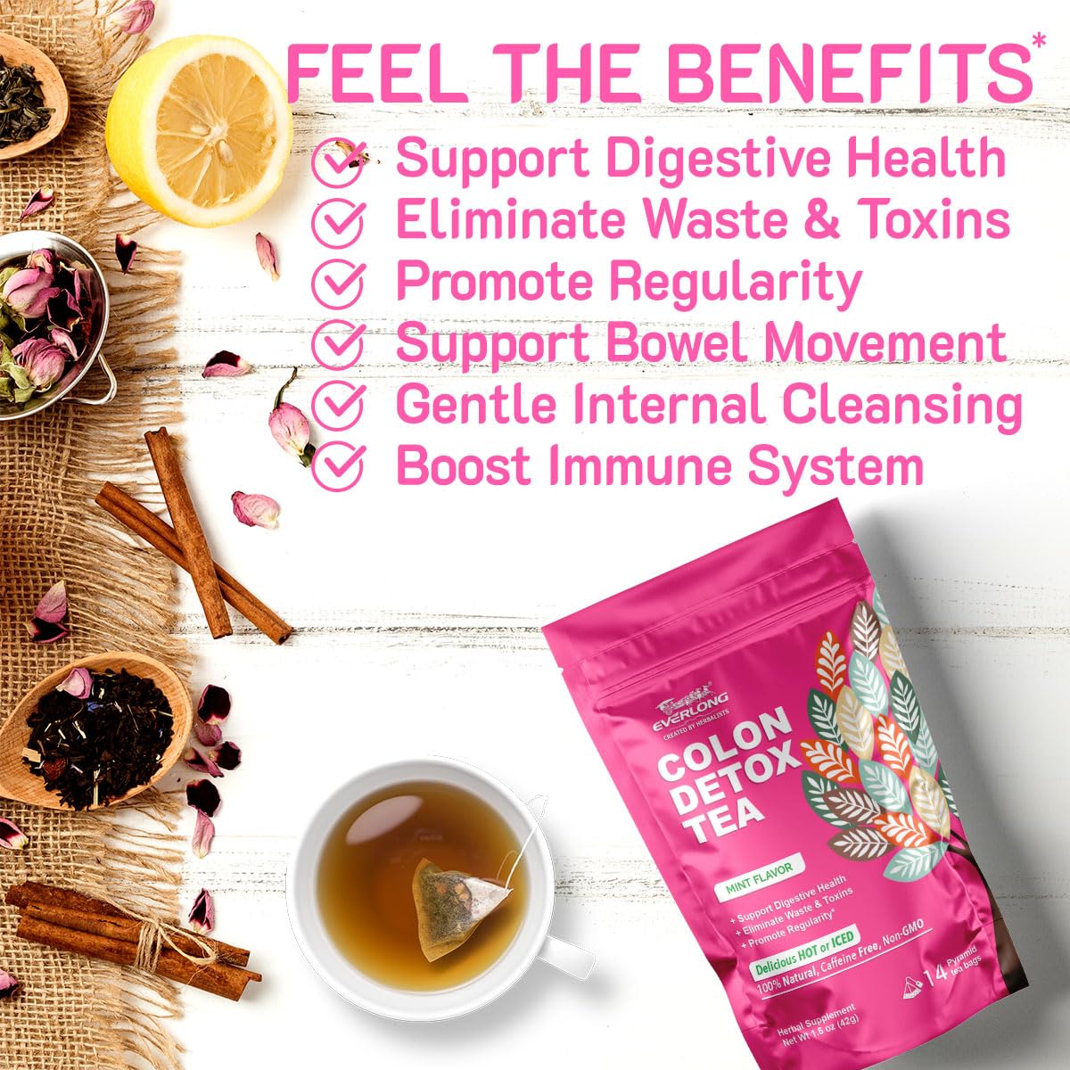 EVERLONG Colon Detox Tea - Dandelion Leaf with Senna, Gynostemma, Lotus Leaf, Spearmint for Colon Cleanse and Digestive Health, Promote Regularity - 14 Herbal Tea Bags, All Natural, Caffeine-Free