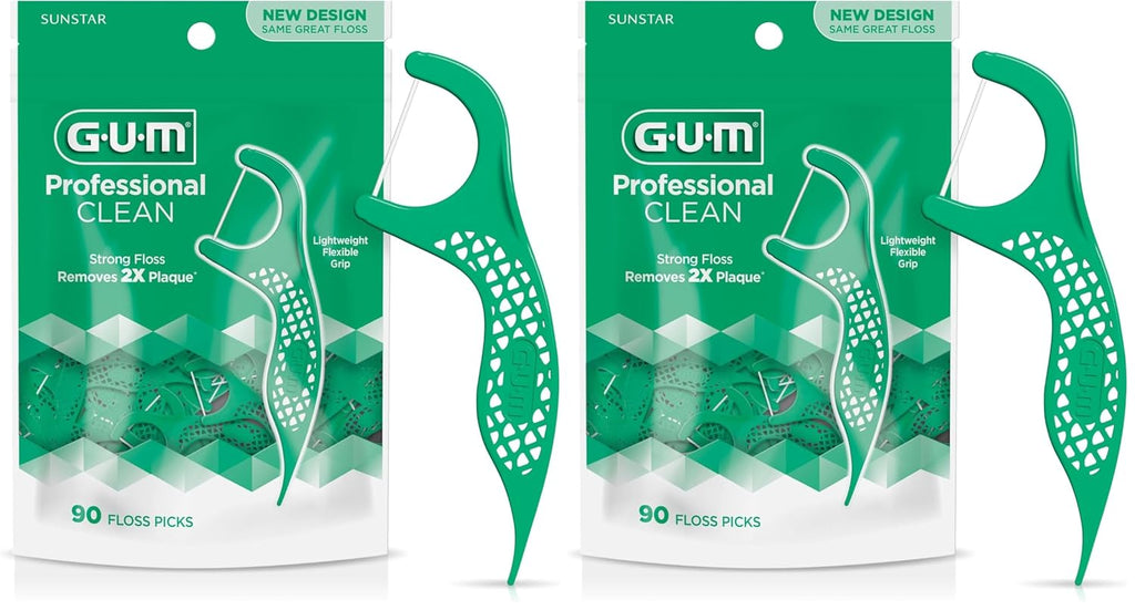 GUM Professional Clean Floss Picks - Extra Strong Shred-Resistant Floss, Easy Grip Handle - Dental Flossers for Adults - Fresh Mint Flavor, 90ct (Pack of 2)