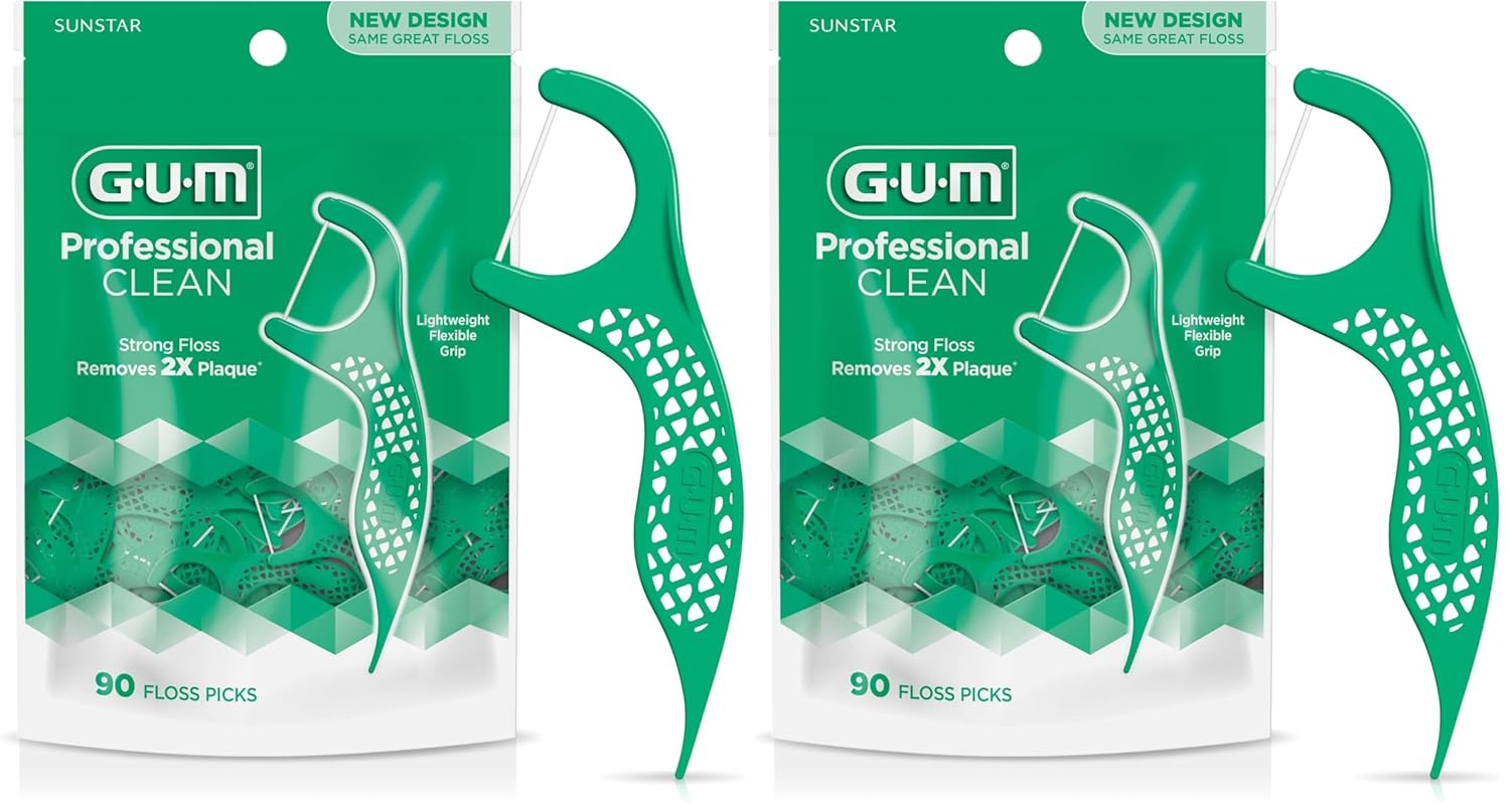 GUM Professional Clean Floss Picks - Extra Strong Shred-Resistant Floss, Easy Grip Handle - Dental Flossers for Adults - Fresh Mint Flavor, 90ct (Pack of 2)