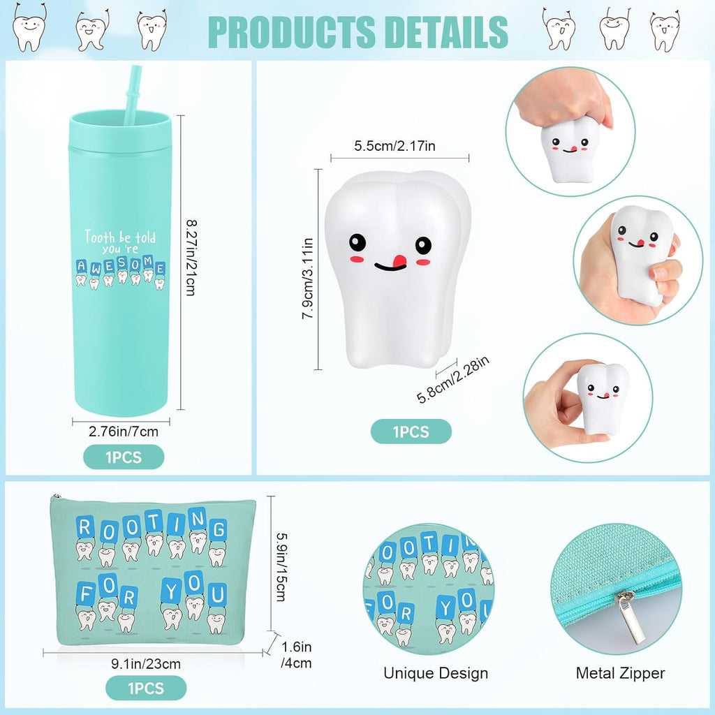 Skylety 3 Pcs Dental Hygiene Month Gifts Dental Assistant Hygienist Appreciation Gift 16oz Tumbler with Lid Cute Teeth Makeup Bag Stress Toy Employee Thank You Dentist Coworker Nurse Student(Green)