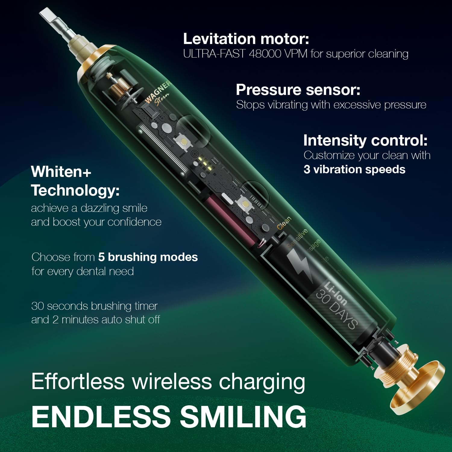 Wagner Stern WHITEN+ Edition. Whitening Electric Toothbrush with Pressure Sensor. Offers 5 Brushing Modes, 3 intensities, 8 Soft Brush Heads, and a Luxury Travel case.