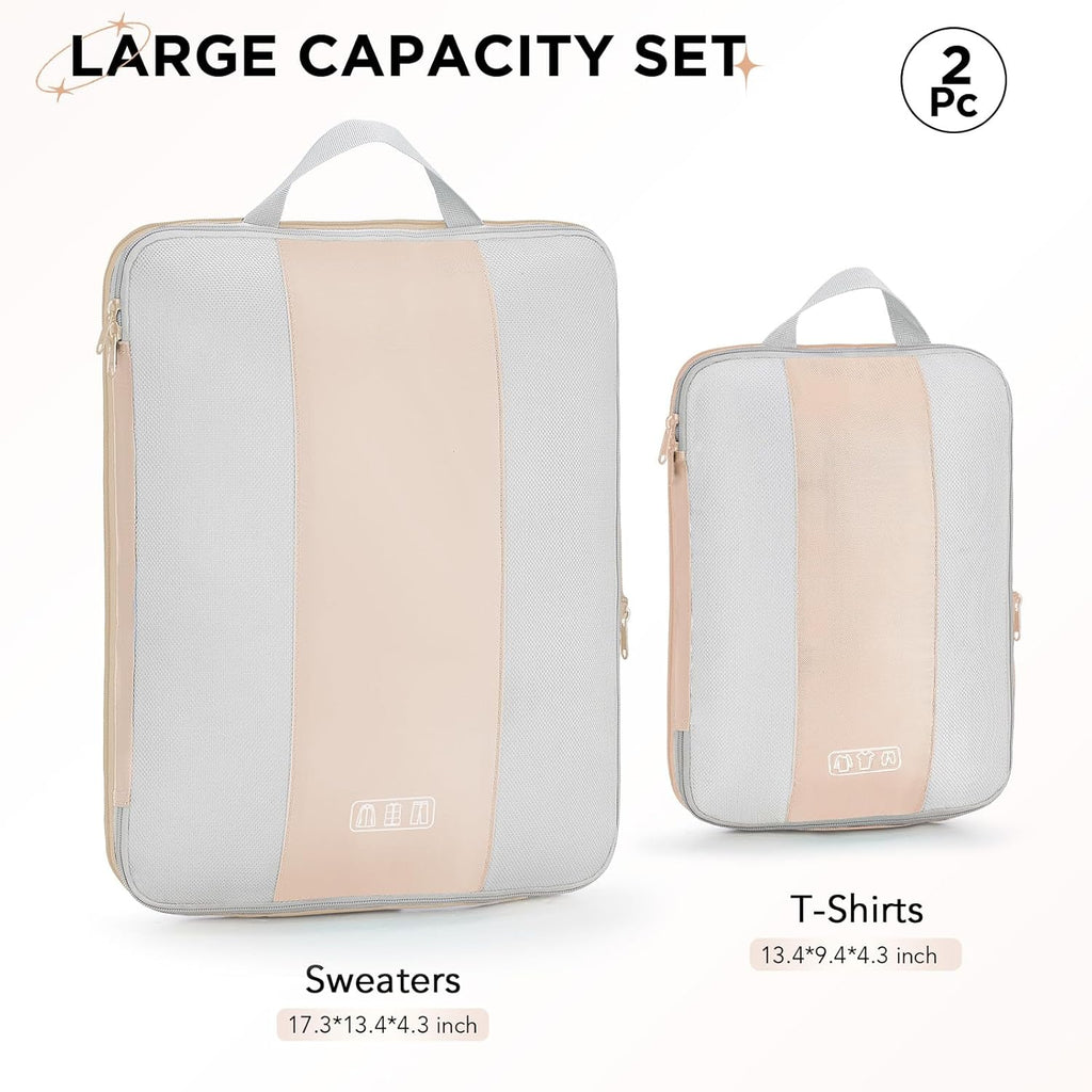 2 Set Compression Packing Cubes for Travel Essentials,Compressible Expandable Packing Cubes for Suitcase,OlarHike Luggage Organizer Bags for Travel,Handy Helper for Organizing Clothes(Beige)