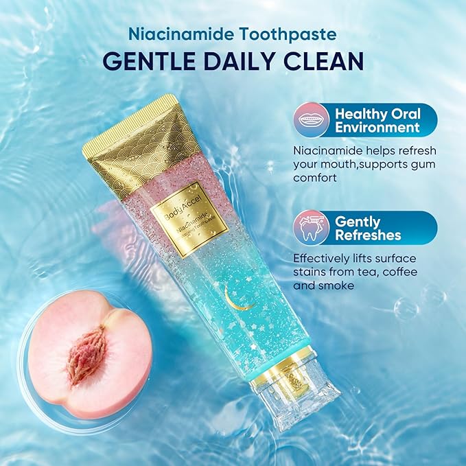 BodyAccel Niacinamide Toothpaste – Whitening & Fluoride-Free, Fresh Breath & Healthy Gums, Removes Surface Stains, Natural Peach Flavor (1 Pack)