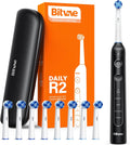 Bitvae R2 Rotating Electric Toothbrush for Adults with 8 Brush Heads, Travel Case, 5 Modes Rechargeable Power Toothbrush with Pressure Sensor, 3 Hours Fast Charge for 30 Days, Black