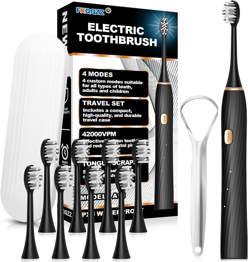 FXQQZZ Electric Toothbrush for Adults and Kids, with Tongue Scraper and Travel Case, 8 Brush Head, Smart Timer & 4 Modes Rechargeable Toothbrush, 42000 VPM Deep Clean, One Charge Last 90 Days - Black