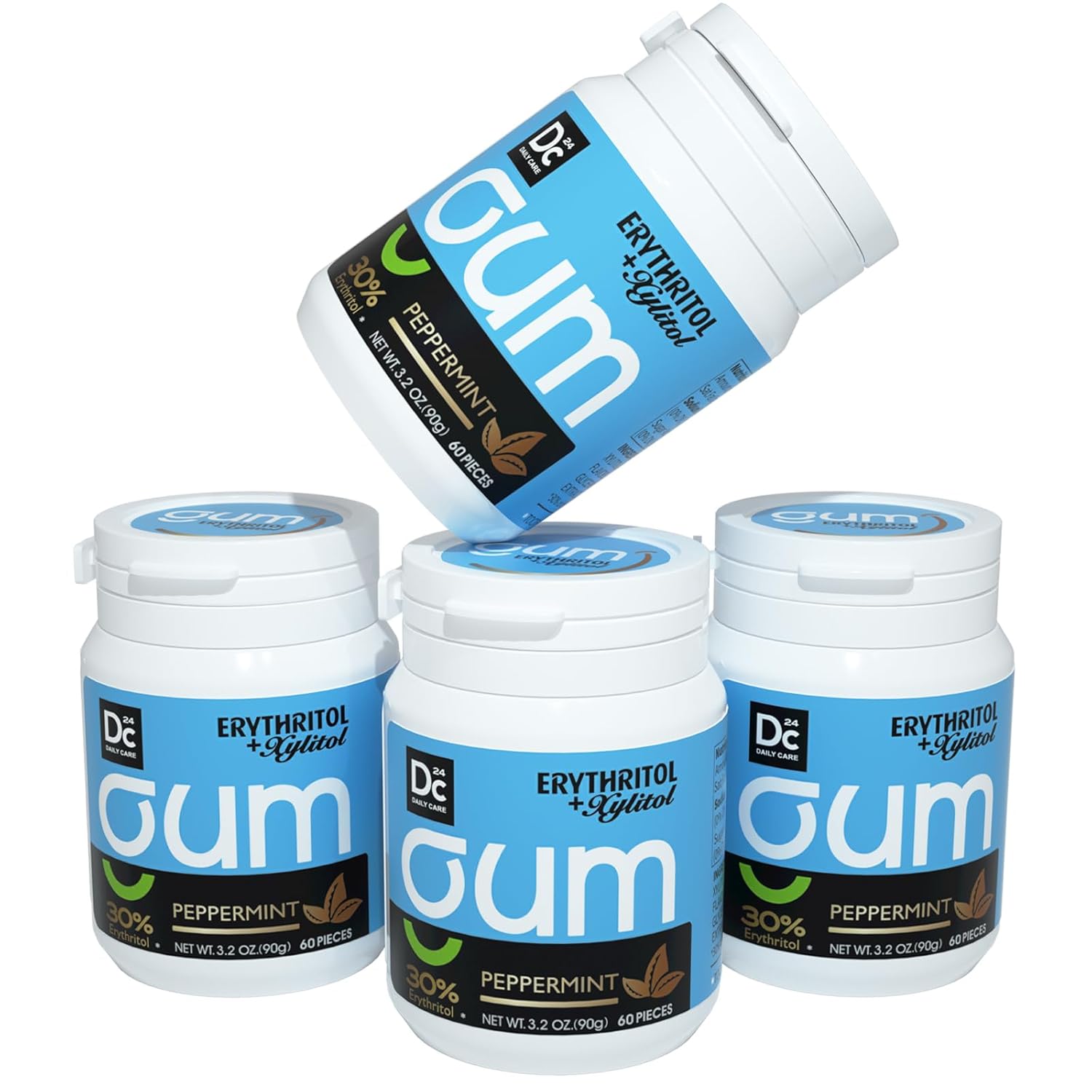 DC24 DAILY CARE Xylitol Chewing Gum with Erythritol, Aspartame Free & Sugar Free Gum, Low-Calorie, Sugarless, Natural Peppermint, 60-Piece Pack, 4 Packs