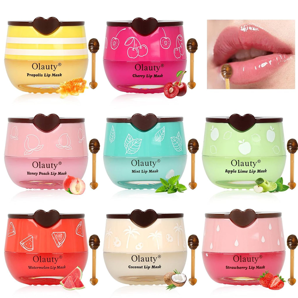 8 PCS Bee Lip Balm Lip Mask Honey Pot, Propolis Lip Mask Overnight Moisturizing Lip Balm with Stick, Lip Sleeping mask Hydrating Prevention Dry & Cracked,Reduce Lip Lines Scrubs Exfoliato