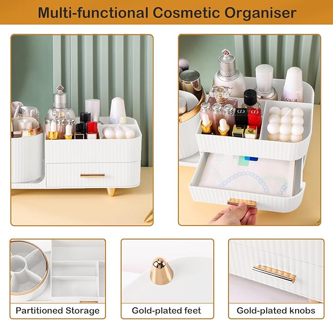 Rotating Makeup Organizer for Vanity with Brush Holder and Drawer, Cosmetic Makeup Storage, Large Spinning Makeup Skincare Organizer, Countertop Makeup Perfume Organizer, Lotions Display Case (White)