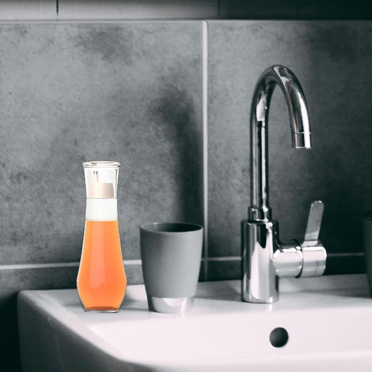 4 Pack Mouthwash Dispenser - 8.8 oz Glass Mouth Wash Container Small Refillable Mouthwash Bottle with Lid Cup for Bathroom Countertop