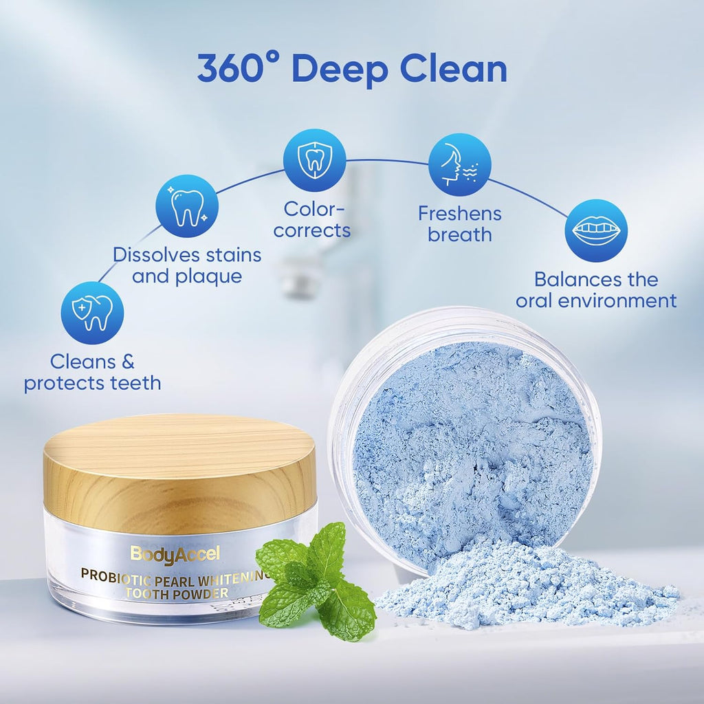 BodyAccel Teeth Whitening Powder Upgraded– Probiotic Pearl Whitening Tooth Powder, Fluoride-Free Toothpaste for Coffee & Tea Stain Removal, 360° Clean Teeth, Fresh Breath