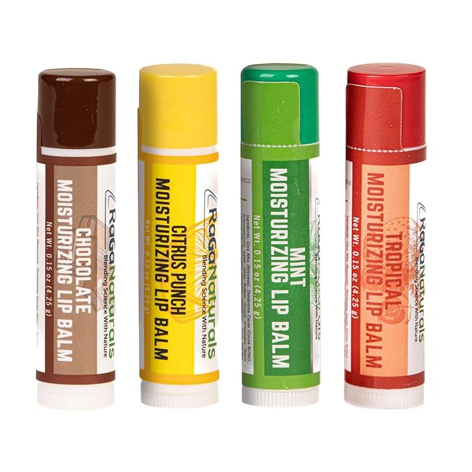 RaGaNaturals All Natural Chocolate, Lemon, Mint, Tropical Moisturizing Lip Balm, Original beeswax, Shea butter, Jojoba oil, Vitamin E and Love - 4 Tubes