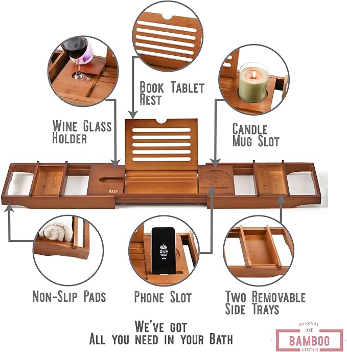 XcE Bamboo Bathtub Caddy Tray - Expandable to 41 Inches with Book Stand, Soap Holder & Anti-Slip Pads for Luxury Bath Spa, Brown