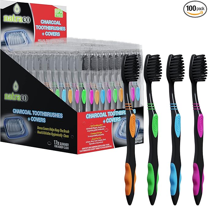 Charcoal Bulk Toothbrushes Individually Wrapped - Deep Clean Charcoal Infused Soft Bristle – Multi Colored Tooth Brush with Covers - for Travel, Kids, Family, Dental Care Etc. 100 Count
