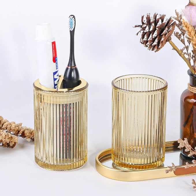 Toothbrush Holders for Bathrooms, 2pcs Glass Toothbrush Holder, 12oz Bathroom Tumbler and Mouthwash Cup, Tooth Brush and Toothpaste Organizer for Bathroom Vanity Countertop (Amber Gold)