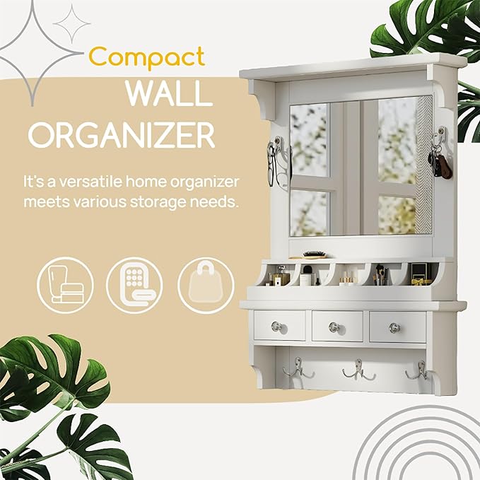 Merax Floating Hall Tree 2-in-1 Entryway Storage Makeup Vanity, with Coat Rack Hooks & 3 Drawers & Big Mirror & Key Hooks, Space-Saving Wall-Mounted Home Organizer for Small Space, White