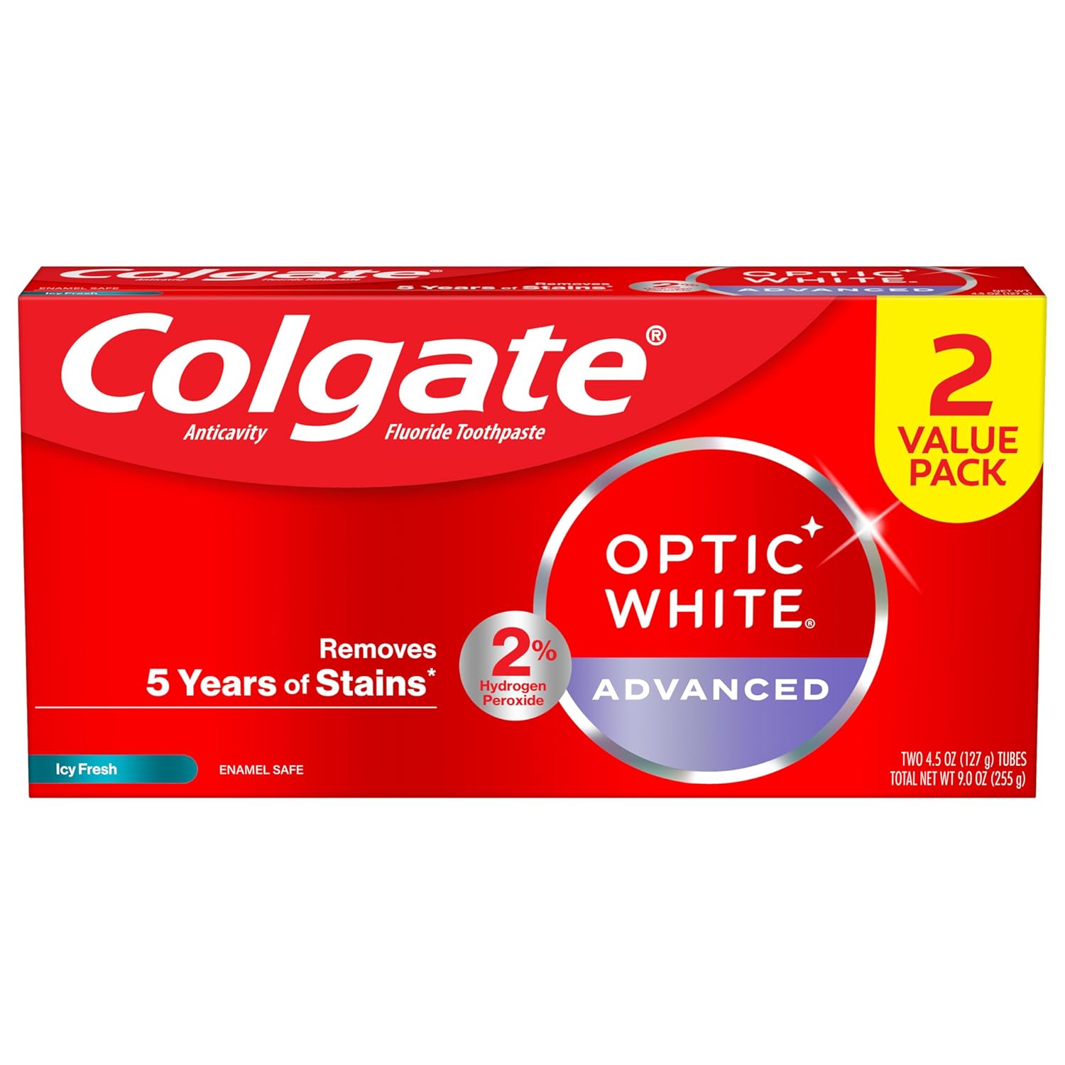 Colgate Optic White Advanced Hydrogen Peroxide Toothpaste Pack, Teeth Whitening Toothpaste, Enamel-Safe Hydrogen Peroxide Formula, Helps Remove Tea, Coffee, and Wine Stains, ICY Fresh, 2 Pack, 4.5 oz