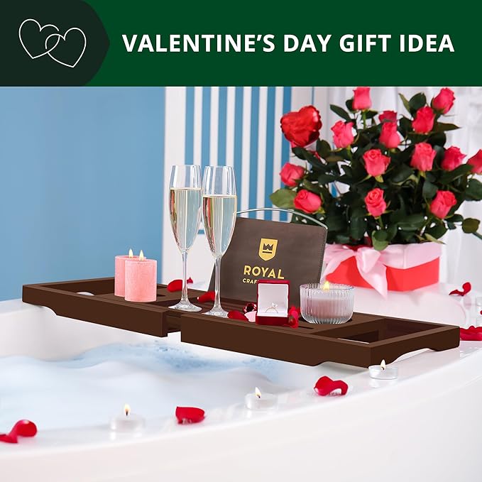 ROYAL CRAFT WOOD Non-Foldable Bathtub Tray - Wood Bath Tray for Tub, Bamboo Bathtub Shelf, Expandable Bath Table Trays, Luxury Bathroom Accessories for New Home & Unique Gift for Women