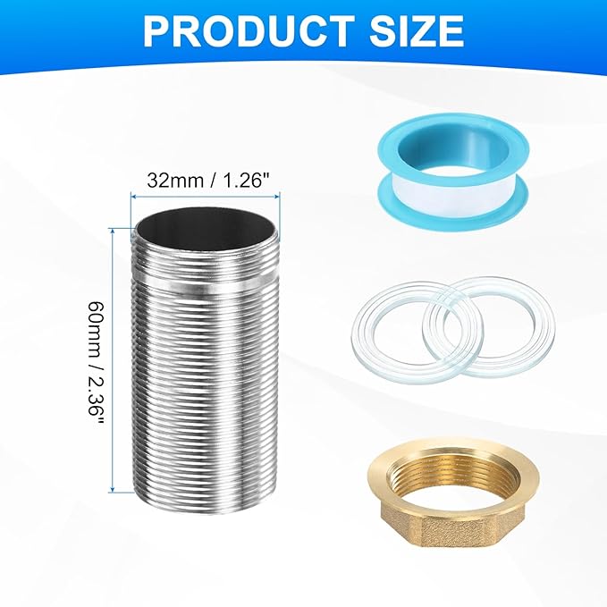 uxcell Faucet Mount Extension Shank 2.4"x 1.25" Stainless Steel Pipe Faucet Extension Nipple Locknut Kit Extension Threaded Lengthen Fixed High Foot with Raised Nut and Gasket Fittings