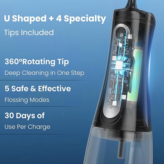 Cordless Water Flosser for Teeth, U-Shaped Flossing 360° Deep Clean, 5 Modes 7 Jet Tips for Adult & Child, Portable Rechargeable Dental Flosser Pick for Braces, Travel, 350ML Large Tank
