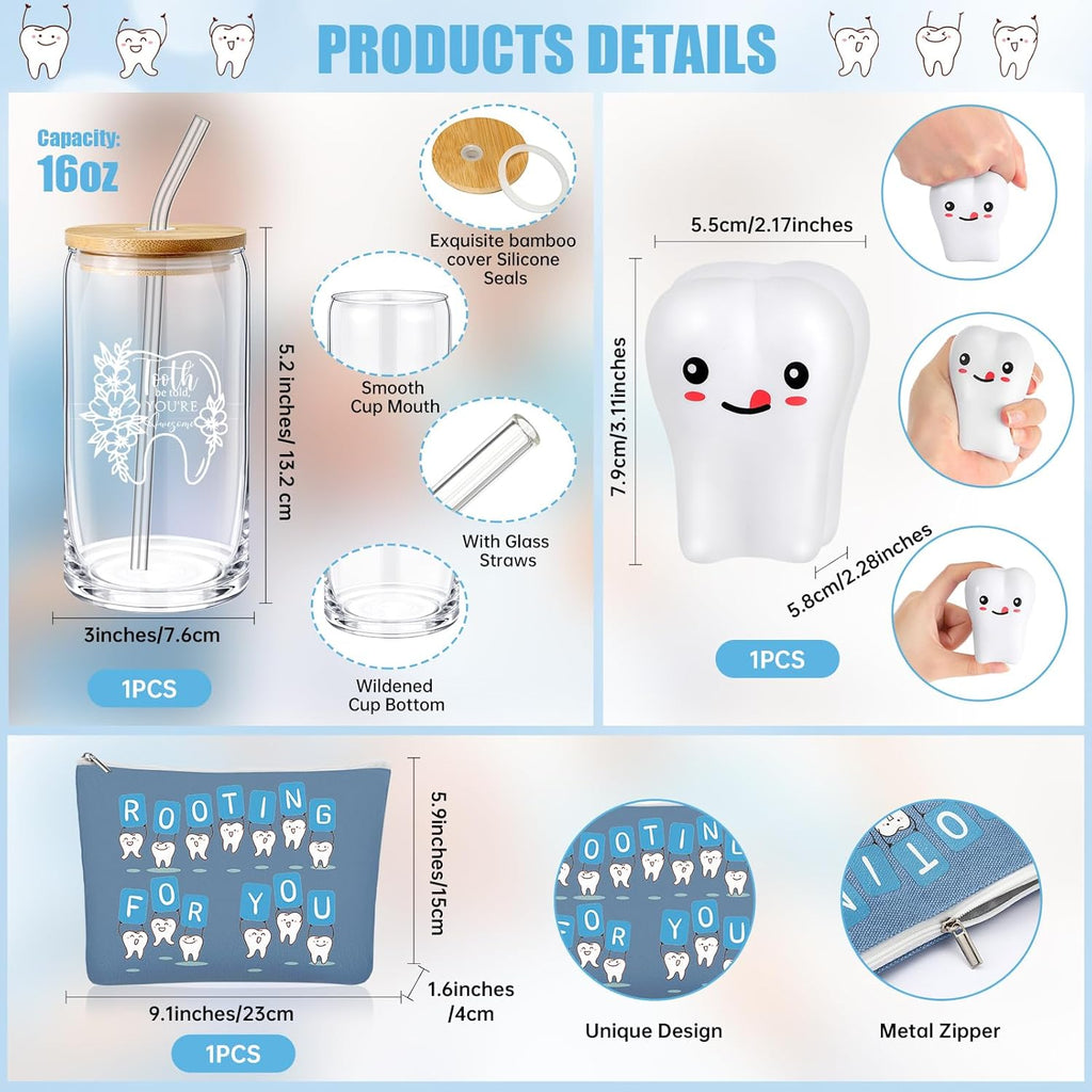 Sliner 3 Pcs Dental Nurse Gifts Dental Hygienist Gift 16 oz Glass Cups Makeup Bag Teeth Stress Toy for Women Coworkers Nurse Assistant Retirement Graduation Birthday Christmas Dentist Gift(Blue)