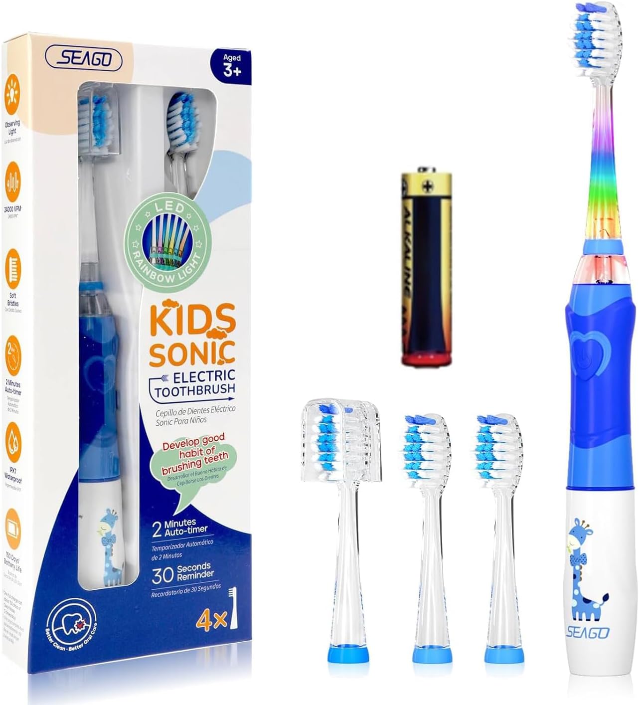 Kids Electric Toothbrush with 2 Minute Timer 30 Seconds Reminder and 4 Replacement Bursh Heads,Color Led Lights,24,000 Vibrations Boys Battery Power Toothbrush for Ages 4-12 Years(Blue)