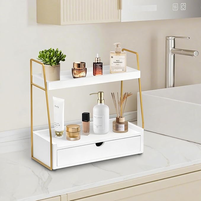 2-Tier Bathroom Organizer Countertop with Drawer, Wood Counter Organizer for Bathroom Decor, Sink Shelf for Vanity Storage, Makeup Tray for Perfume Skincare Bedroom Kitchen Corner