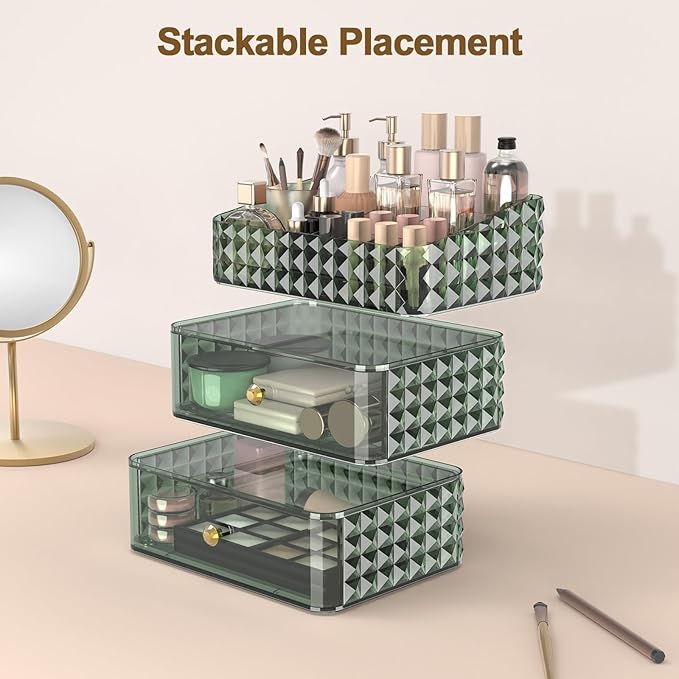 Makeup Organizer for Vanity, Stackable Cosmetics Organizer and Storage, Cosmetic Display Cases with 2 Drawers and 1 Tray for Makeup Brush, Hair Accessories, Lipstick and Jewelry, Green