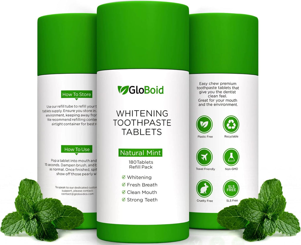GloBoid Nano Hydroxyapatite Toothpaste Tablets 3 Month Refill, Zero Waste, Eco Friendly & Plastic Free Toothpaste Tabs, Toothpaste Bites Perfect for Travel - Mint