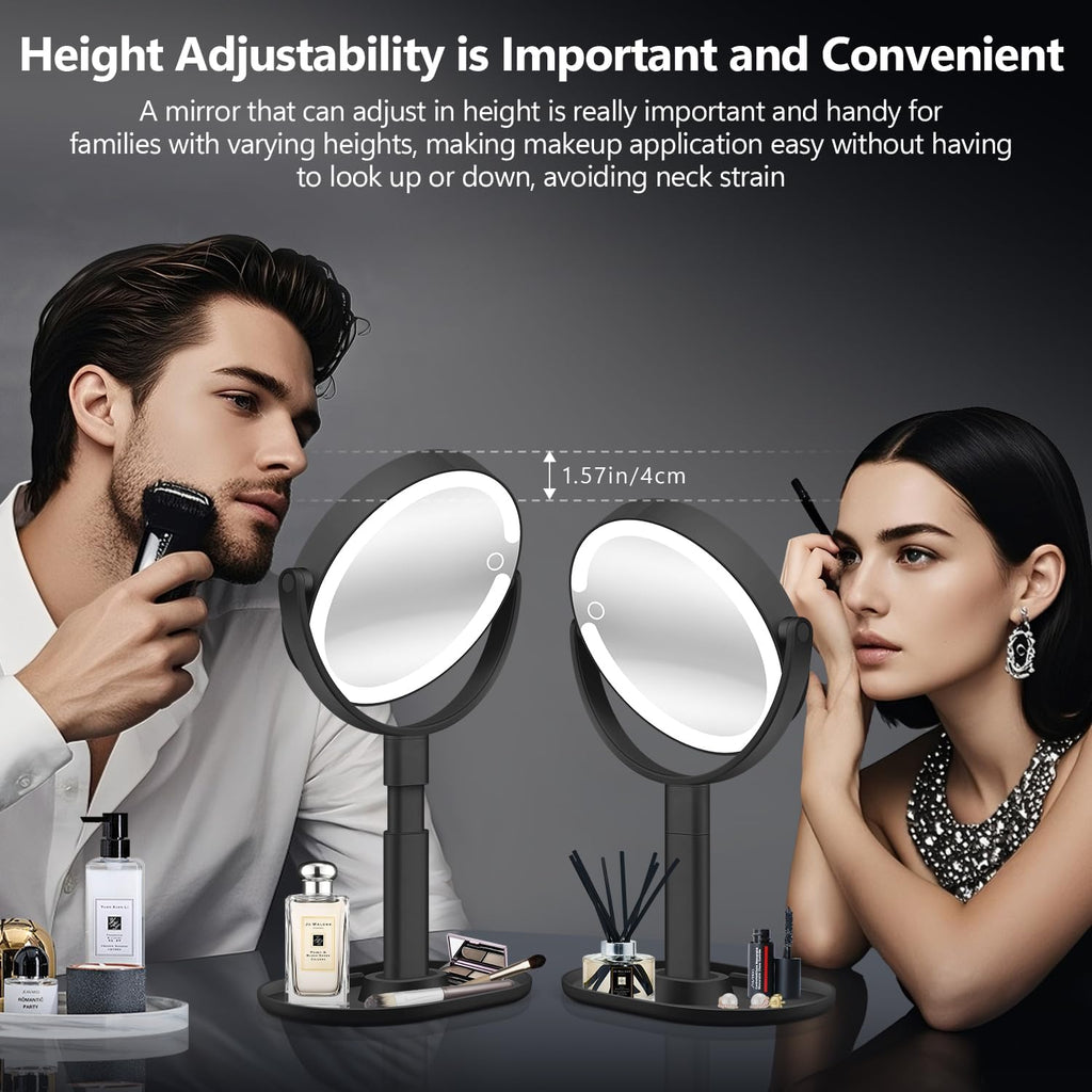 MIYADIVA Makeup Mirror with Lights, 30X Magnifying Mirror with Light and Touch Switch, Vanity Mirror with 3 Color Light and 80 LEDs, Height Adjustable Desk Mirror with Lights, Black