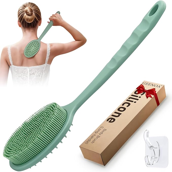 Silicone Back Washer for Shower, Gentle Silicone Back Scrubber for Lathering, Soft Silicone Loofah Bath Brush with Dual-Side & Detachable Brush Head, Good for Sensitive Skin(Green)