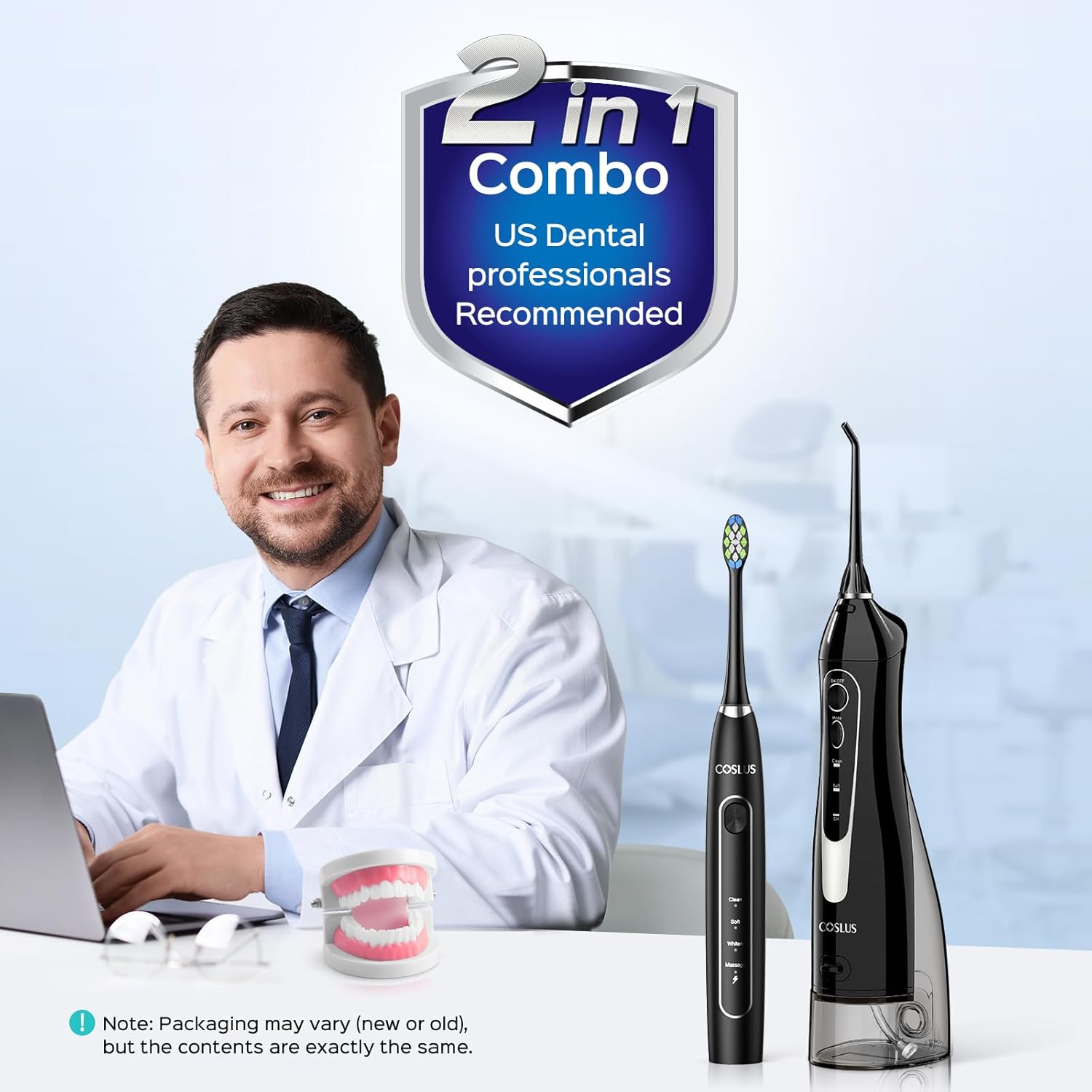 COSLUS Portable Water Flosser with Electric Toothbrush Combo: 2-in-1 Oral Clean Kit for Teeth, Braces, Gums Care - Brushing & Flossing for Adults, Family, Travel Use, BPA-Free, Black, C20 & C41