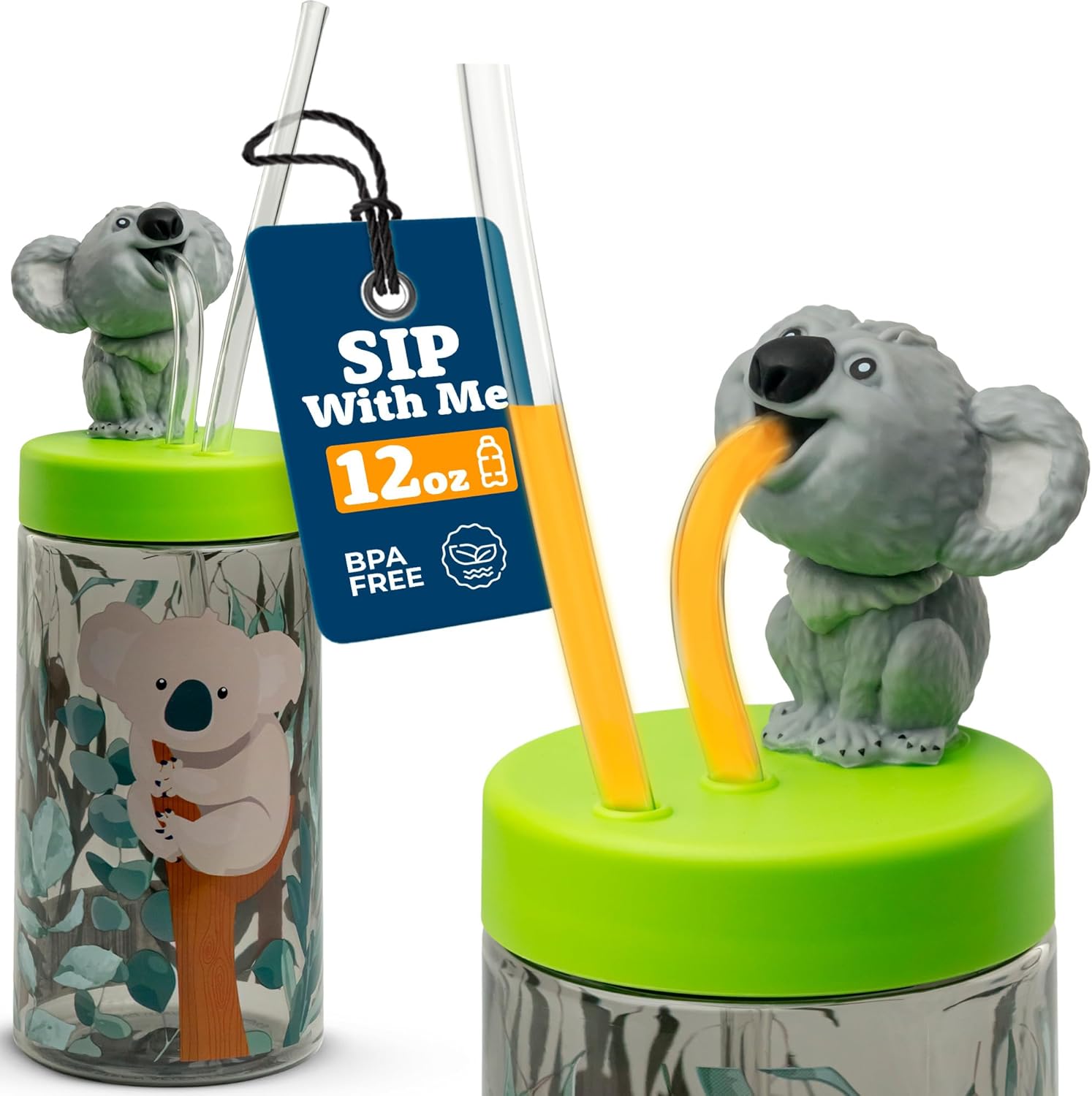 Trend Zoo Koala Cup, Water Bottle, Tumbler with Lid and Straw, Travel Sippy Cup for Water or Milk, Cups with Lids BPA Free Plastic, 12 oz