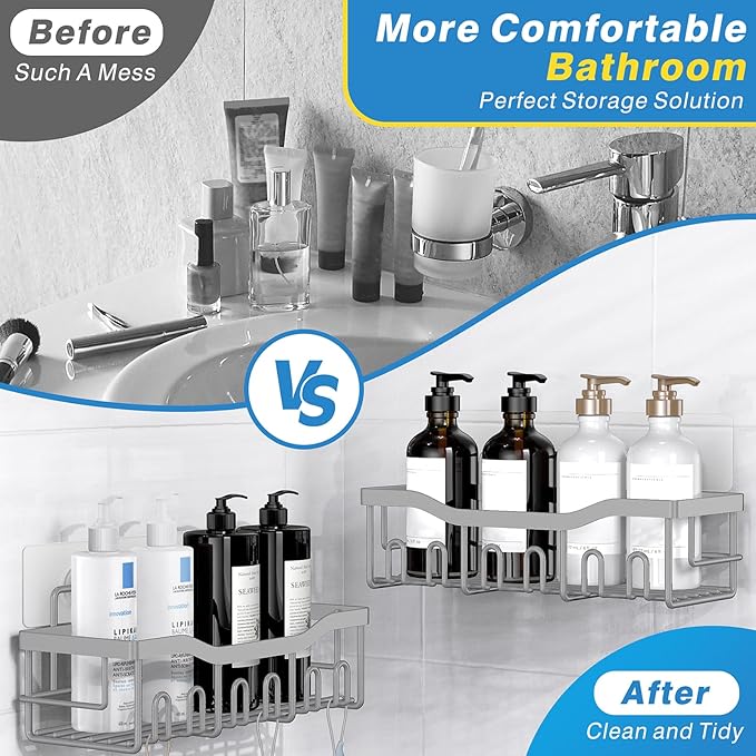 EUDELE 5-Pack Rustproof Stainless Steel Shower Caddy Set– No Drill Adhesive Bathroom Organizer, Space-Saving Shower Shelves for Apartment Essentials, Bathroom/Kitchen Storage Home Decor-L Size