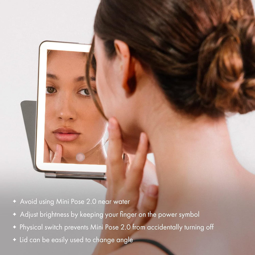 Vanity Planet Handheld Makeup Mirror with Lights, Mini Pose 2.0 (Blush) - Travel LED Mirror with 3X & 5X Magnification - Dimmable Lighting & Micro-USB Rechargeable Lighted Compact Mirror