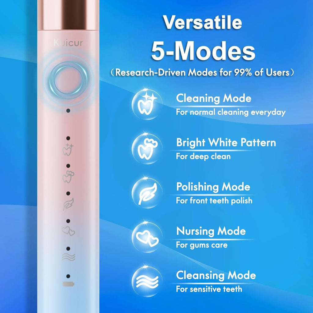 Portable Electric Soft Toothbrush with Travel Case, 90-Day Largest Battery Life, 10 Brush Heads, 5 Modes Deep Clean, Ergonomically-Designed for Enhanced Comfort - Ideal Gift for Adults & Kids