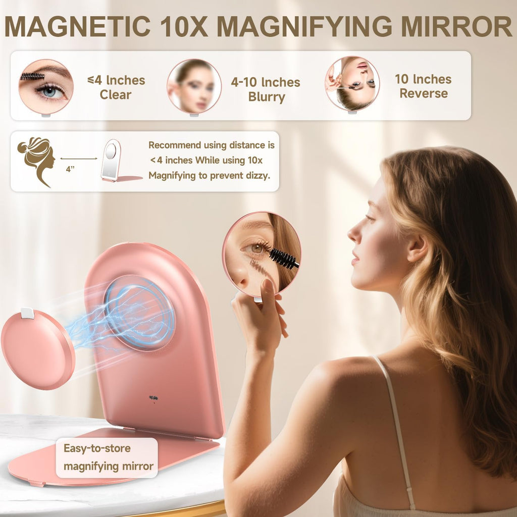 Mocado Travel Makeup Mirror with Light, 1x/10x Magnifying Mirror with Light, 3 Colors Lighted Magnifying Mirror, 2000mAh Rechargeable Lighted Makeup Mirror, Memory Function (Arched-Rose Gold)