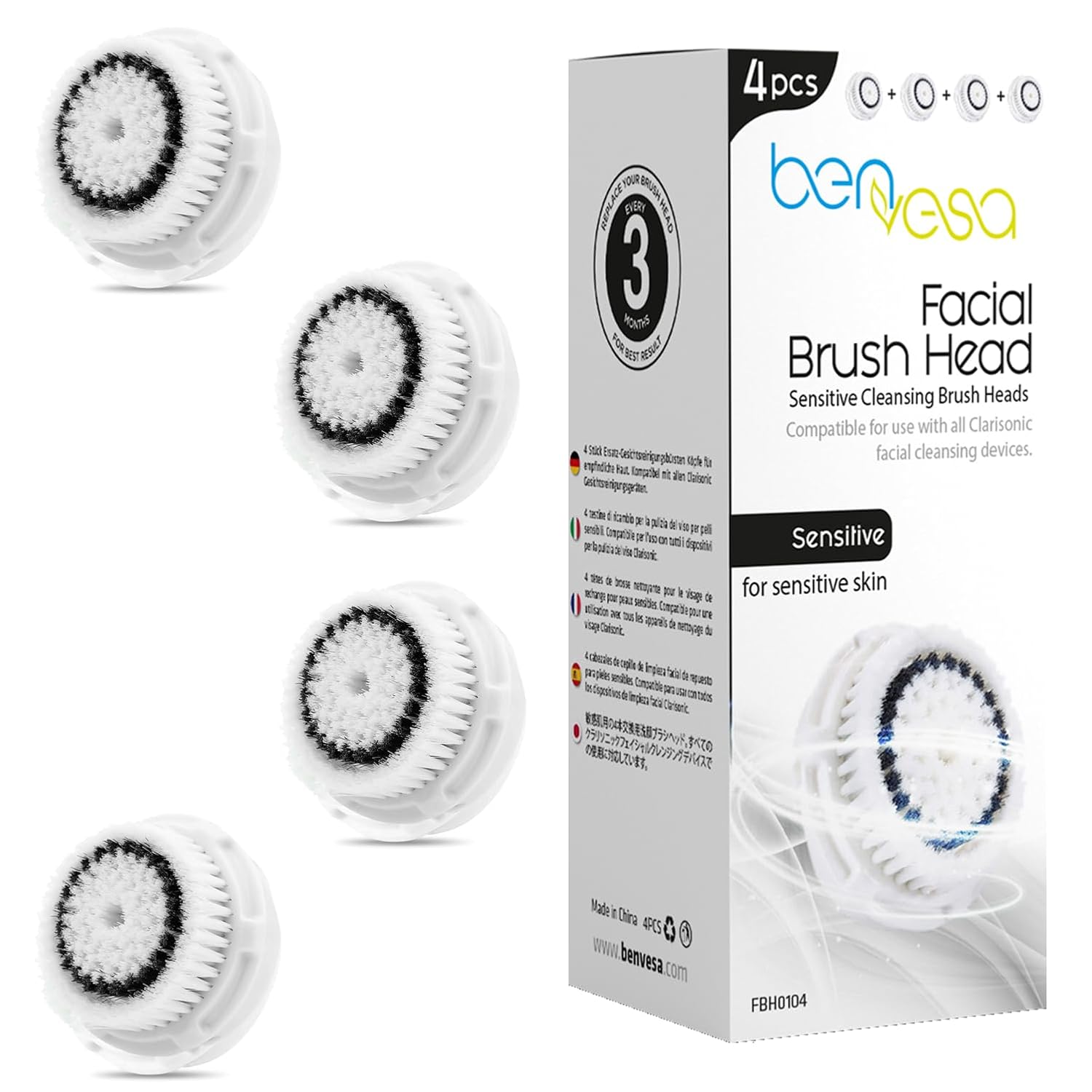Sensitive Replacement Brush Heads – Compatible with Clarisonic Mia 1, Mia 2, Mia Fit, Alpha Fit, Smart Profile Uplift – 4 Pack
