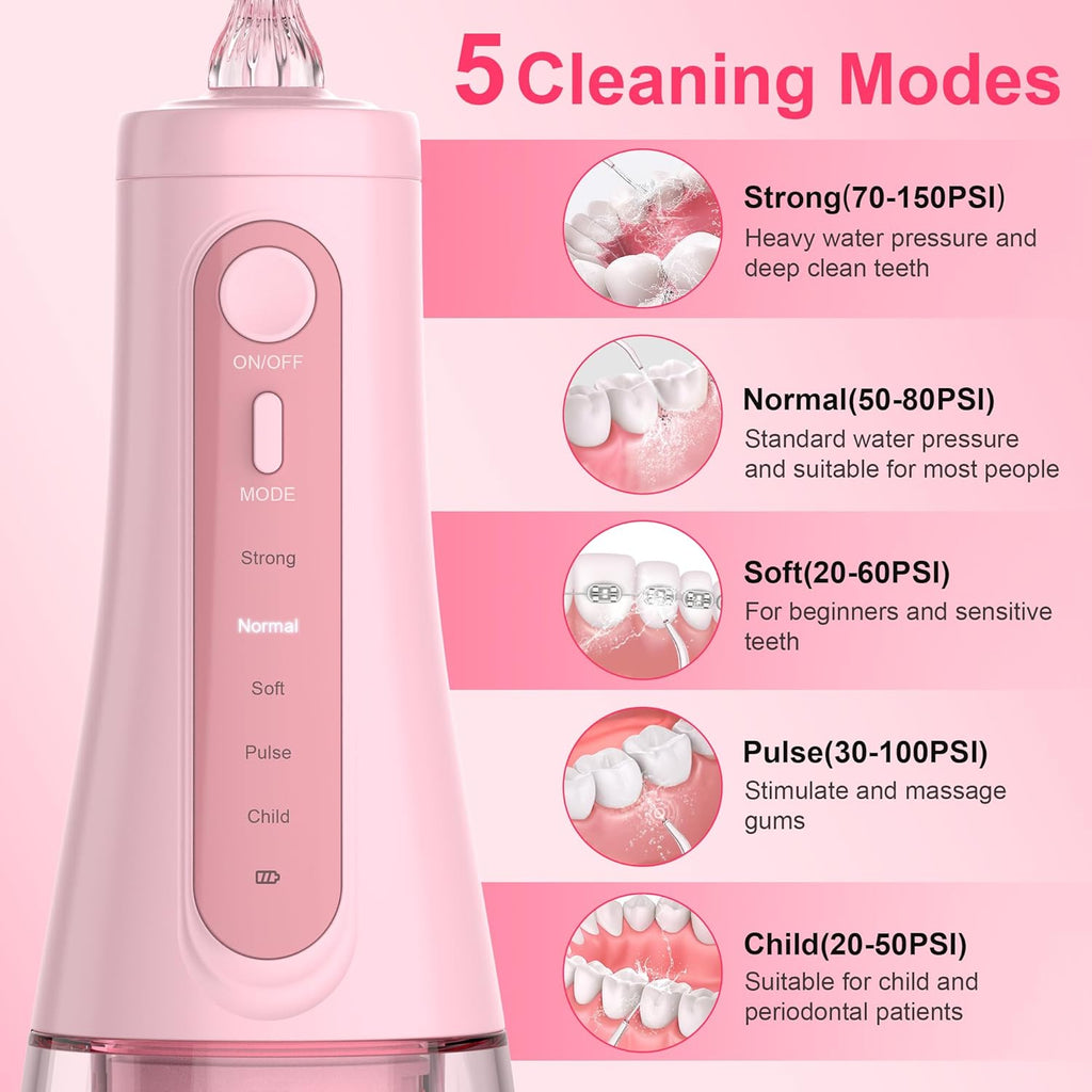 Water Dental for Teeth Cleaning and Flossing, Water Flosser Electric Cordless, Water Flosser for Braces for Kids Travel, 5 Cleaning Modes 8 Jet Tips