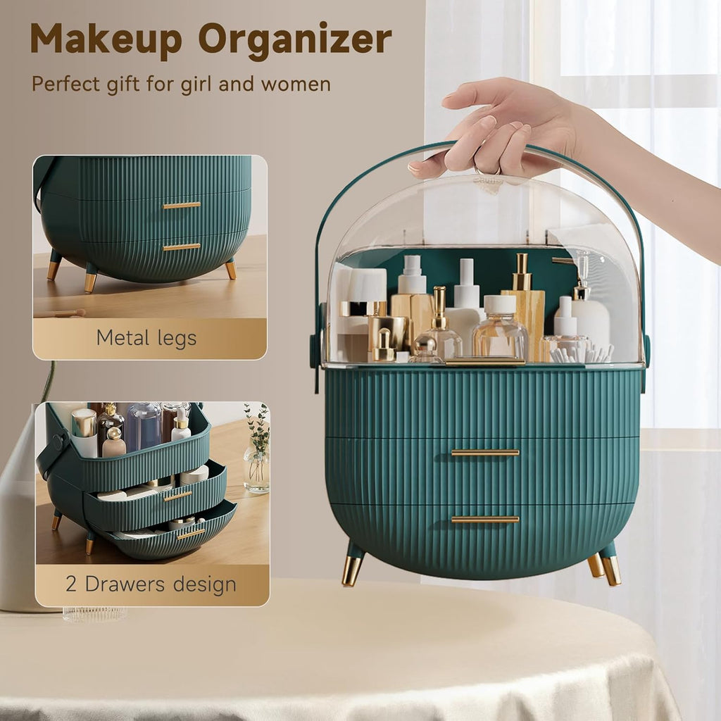 Makeup Organizers, Make Up Organizer for Vanity, Countertop Cosmetic Storage with Drawers and Transparent Cover for Bedroom Bathroom, Green