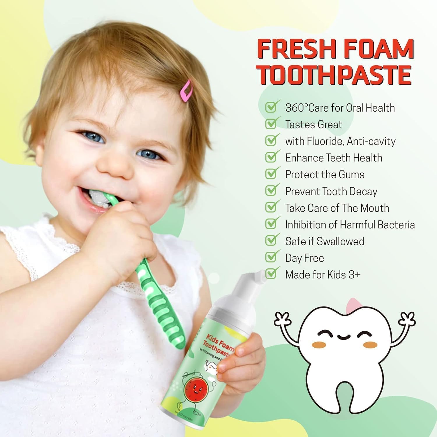Foam Toothpaste Kids,Toddler Toothpaste with Low Fluoride & Natural Formula to Reduce Plaque, Kids Toothpaste for U Shaped Toothbrush for Children Ages 3 Plus (120 ML, Watermelon)