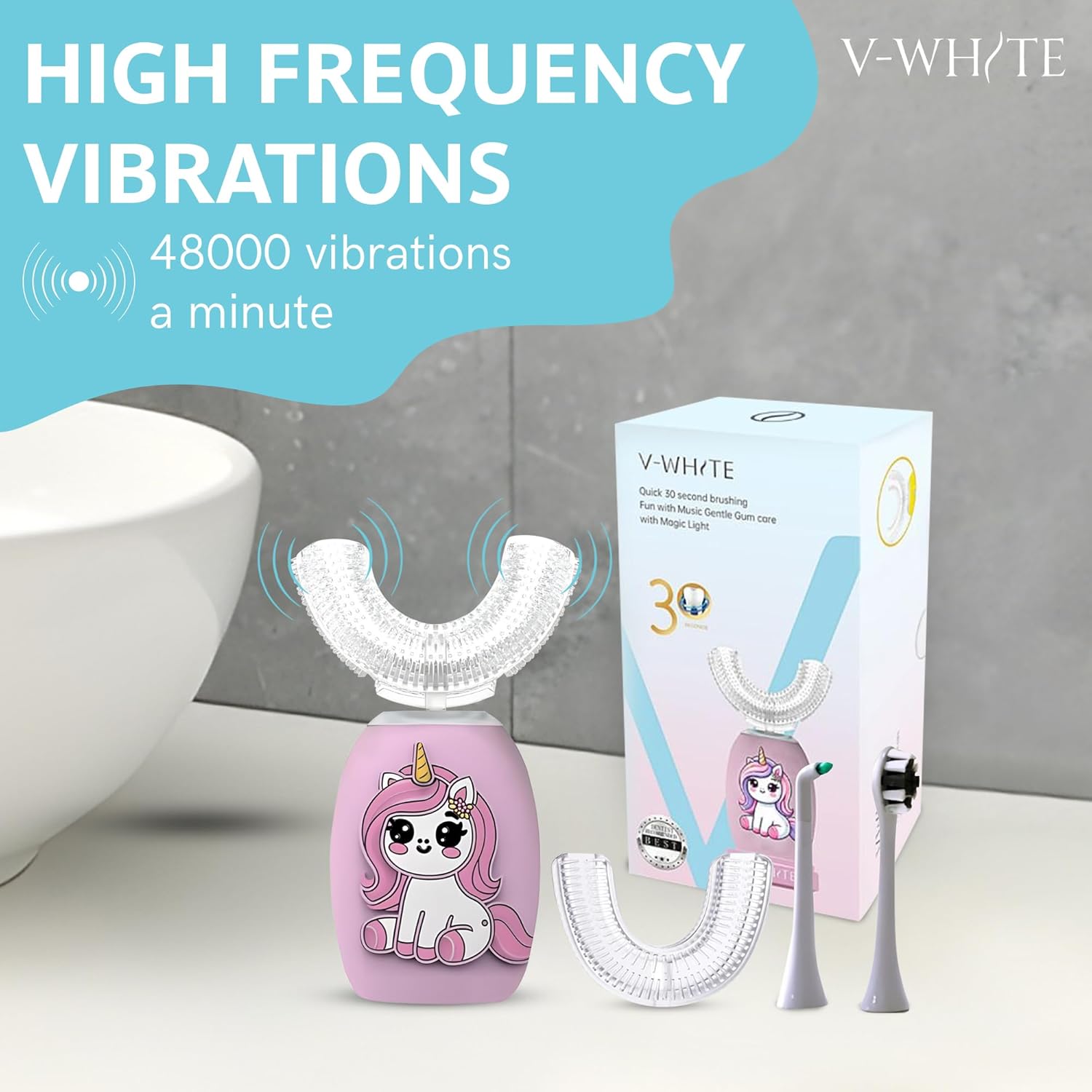 V-WHITE Electric Toothbrush Kids- Ultrasonic U-Shaped Toothbrushes for Teeth Whitening - 360° Mouth Cleansing, Hands Free Gums Protection - Wireless Charging & LED Light - Waterproof IPX7 Certified