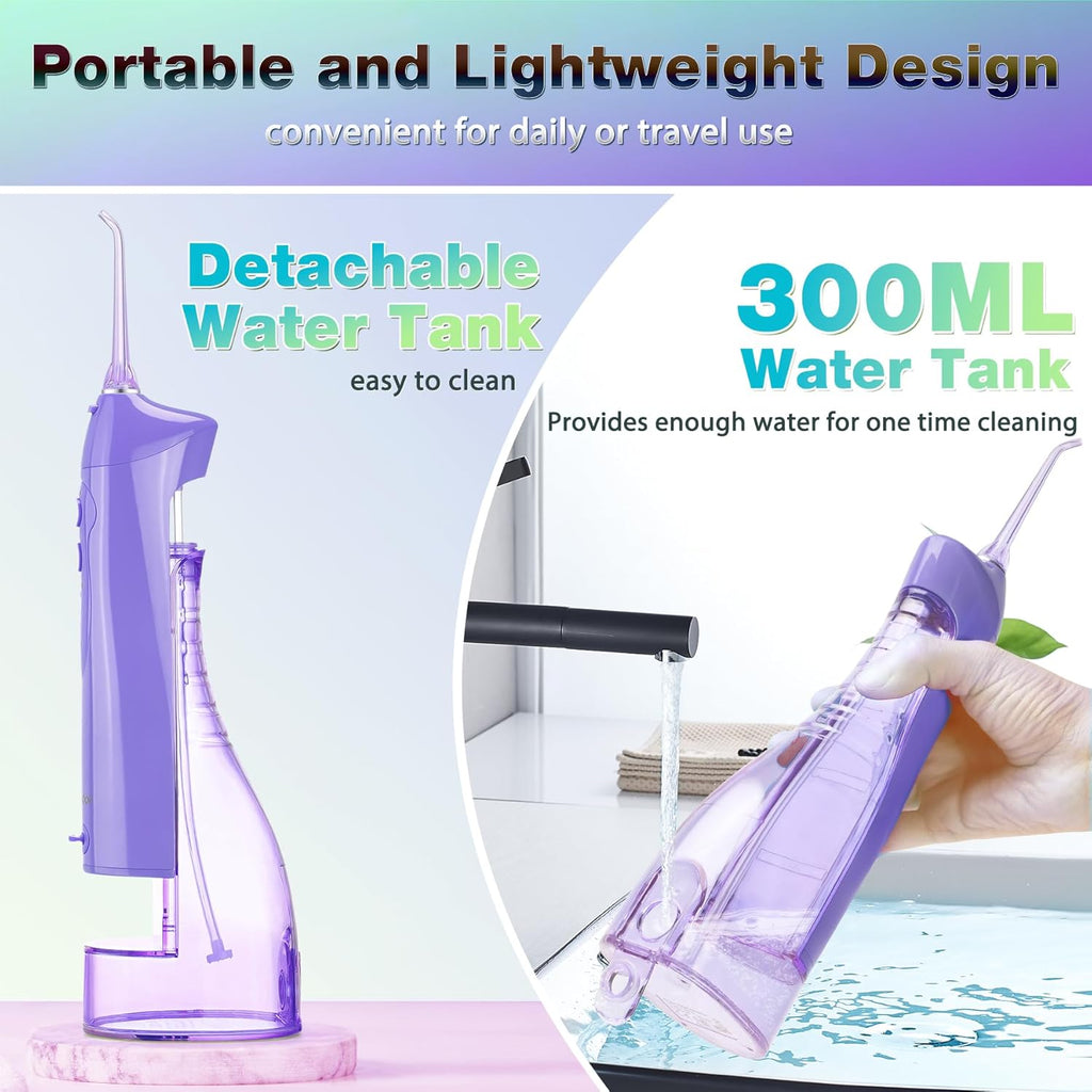 TOVENDOR Electric Water Flosser, Cordless Rechargeable Dental Oral Irrigator IPX7 Waterproof 300ML Travel Water Teeth Cleaner with 5 Tips for Braces Care Teeth Gums Cleaning, Home Office Daily Use