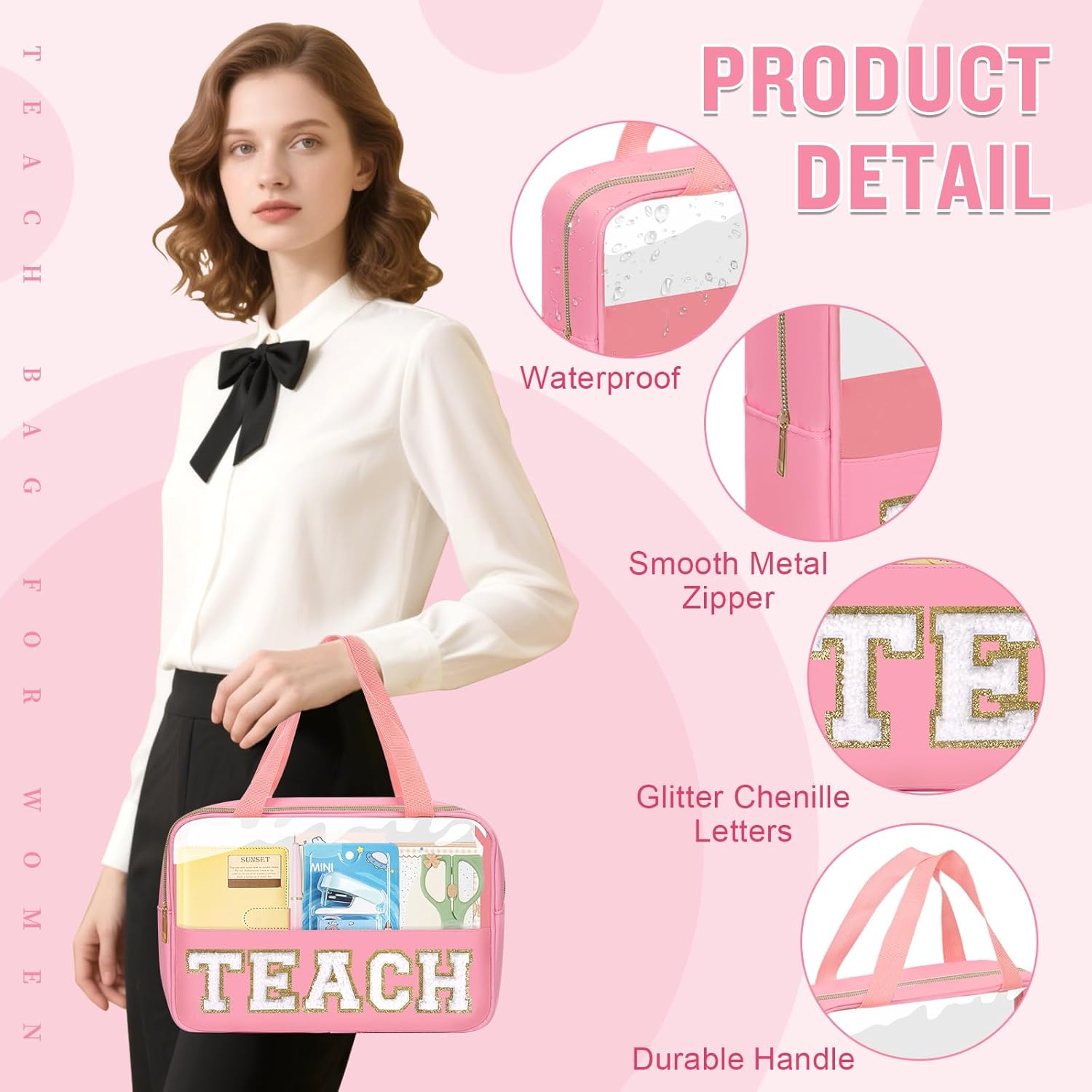 Teacher Appreciation Gifts Chenille Letter Clear Makeup Bag TEACH Pouch, Preppy Waterpoof Makeup Cosmetic Bag with Zipper Graduation Retirement Birthday Teacher Essentials Gifts for Women(TEACH-Pink)