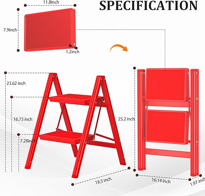 2 Step Ladder, Folding Step Stool with Anti-Slip Wide Pedal, Anti-Slip Feet, Sturdiest Steel Construction, Steel Ladder for Home and Office, Red