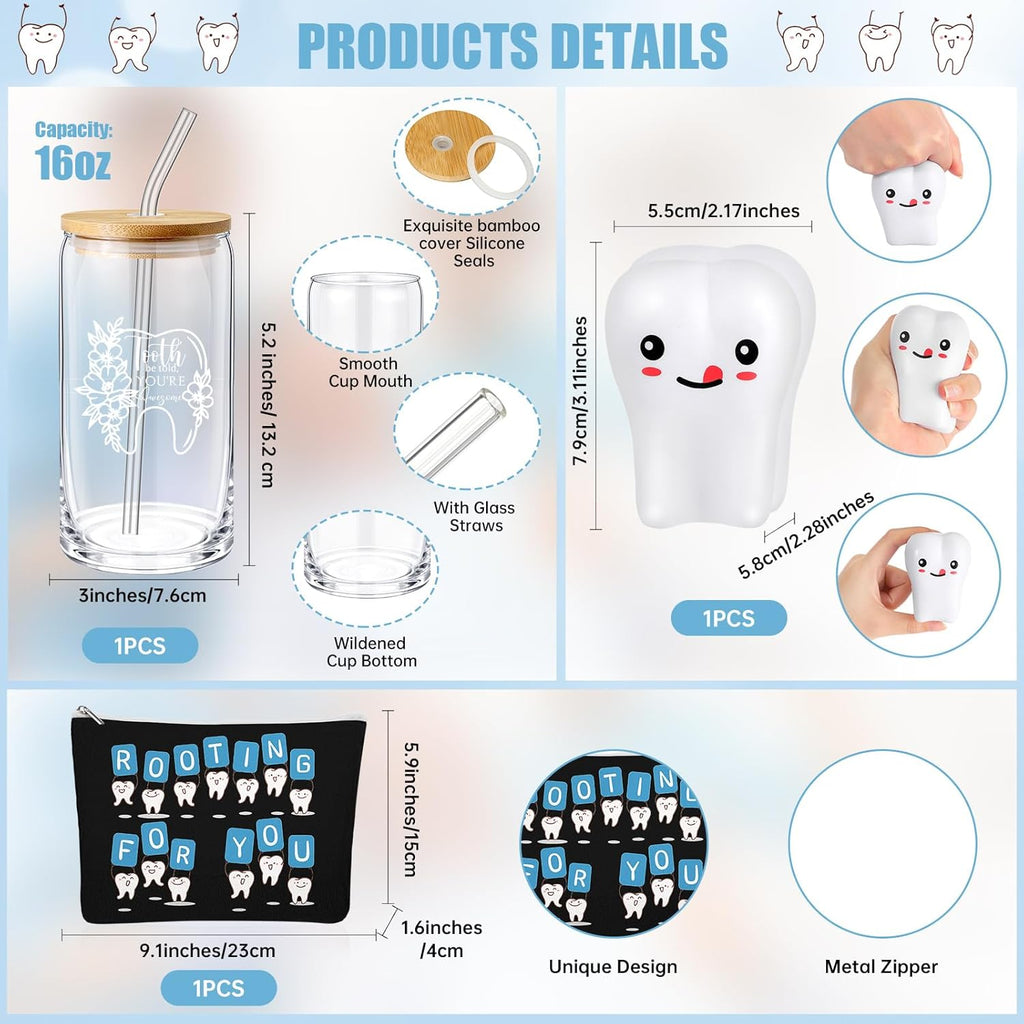 Sliner 3 Pcs Dental Nurse Gifts Dental Hygienist Gift 16 oz Glass Cups Makeup Bag Teeth Stress Toy for Women Coworkers Nurse Assistant Retirement Graduation Birthday Christmas Dentist Gift(Black)