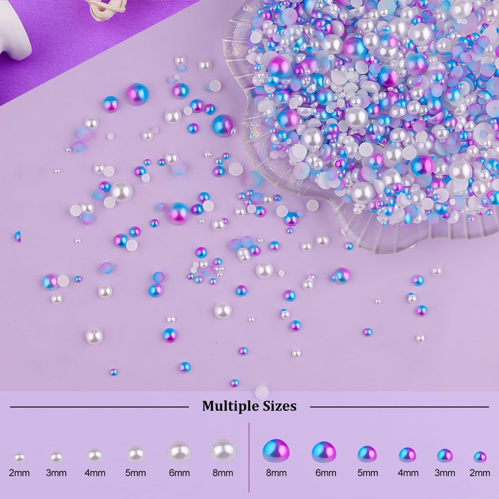 2 Boxes Flat Back Pearls Kit 14 Flatback White&Blue Mermaid Half Round Pearls 2-8mm with Pickup Pencil and Tweezer for Home DIY and Nail Art, Face Makeup and Craft