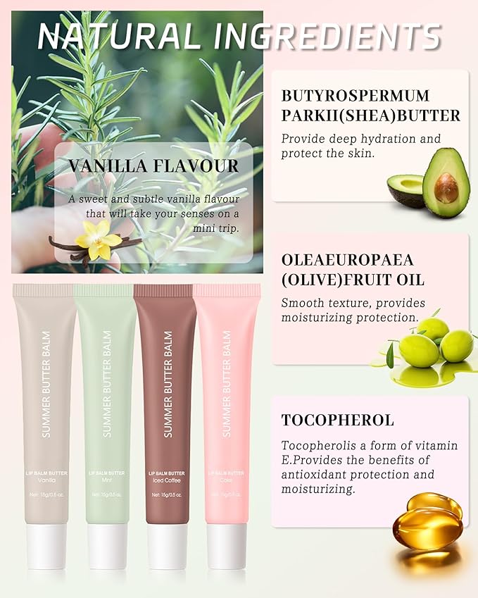 Hydrating Tint Lip Balm Summer Butter Kit, Mint Clear Sheer Beige Brown Pink Sugar Glossy Lip Gloss,Moisturizing Non-Sticky Jelly Lip Moisturizer,Glow Reviver Lip Care Oil,Gift for Women Girl-Set E