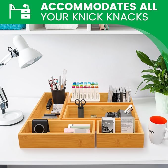 Bamboo Drawer Organizer Set, 5-Piece Storage Trays for Kitchen, Bathroom, Office Desk, Makeup & Junk Drawers,Utensils